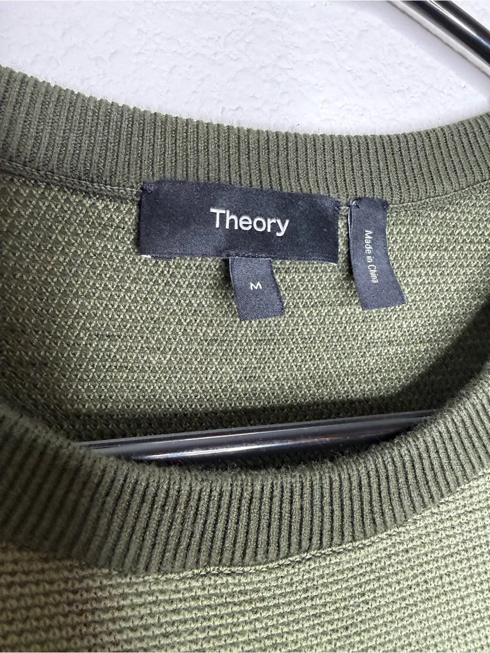 Theory Olive Crewneck Sweater with Contrast Trim